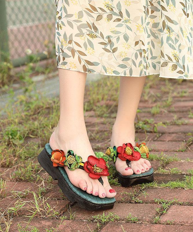 Casual Wedge Thong Sandals Orange Cowhide Leather Flip Flops - SooLinen