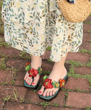 Casual Wedge Thong Sandals Orange Cowhide Leather Flip Flops - SooLinen