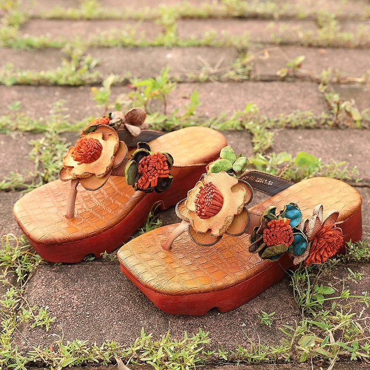 Casual Wedge Thong Sandals Orange Cowhide Leather Flip Flops - SooLinen