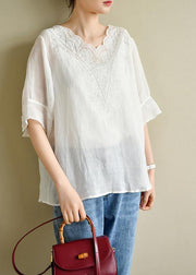 Casual White Lace Linen Short Sleeve Blouses - SooLinen