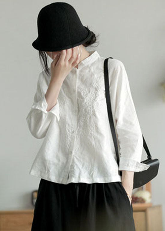 Casual White Stand Collar button Embroideried Shirt Top Long Sleeve