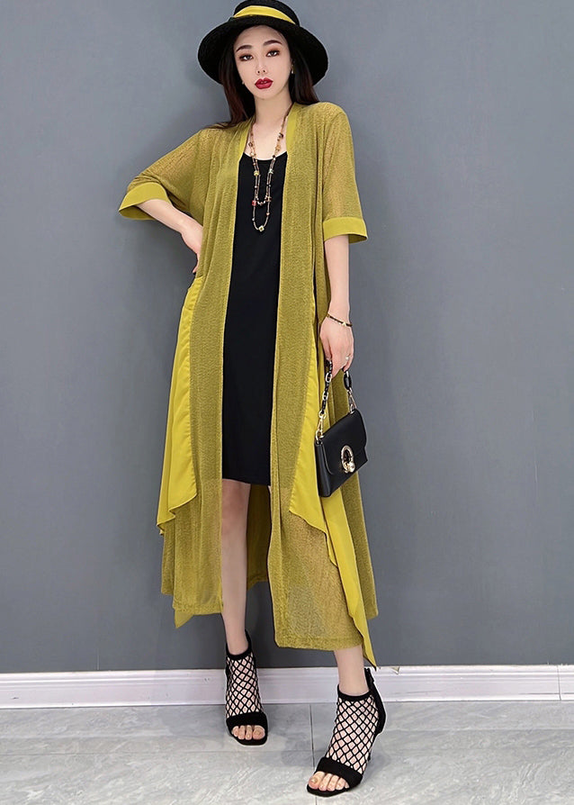 Casual Yellow Asymmetrical Design Patchwork Loose Long Cardigans Summer