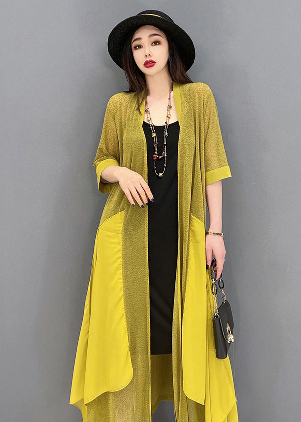 Casual Yellow Asymmetrical Design Patchwork Loose Long Cardigans Summer