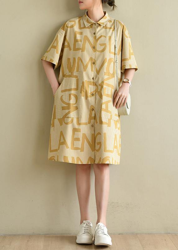 Casual Yellow Cinched Peter Pan Collar Cotton Dress Graphic Dress - SooLinen