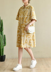 Casual Yellow Cinched Peter Pan Collar Cotton Dress Graphic Dress - SooLinen