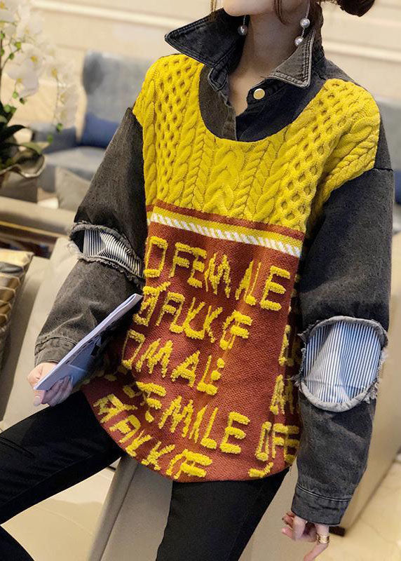 Casual Yellow Denim Patchwork Loose Jacquard Fall Knit Top