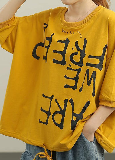 Casual Yellow Graphic Loose Cotton T Shirts Summer - SooLinen