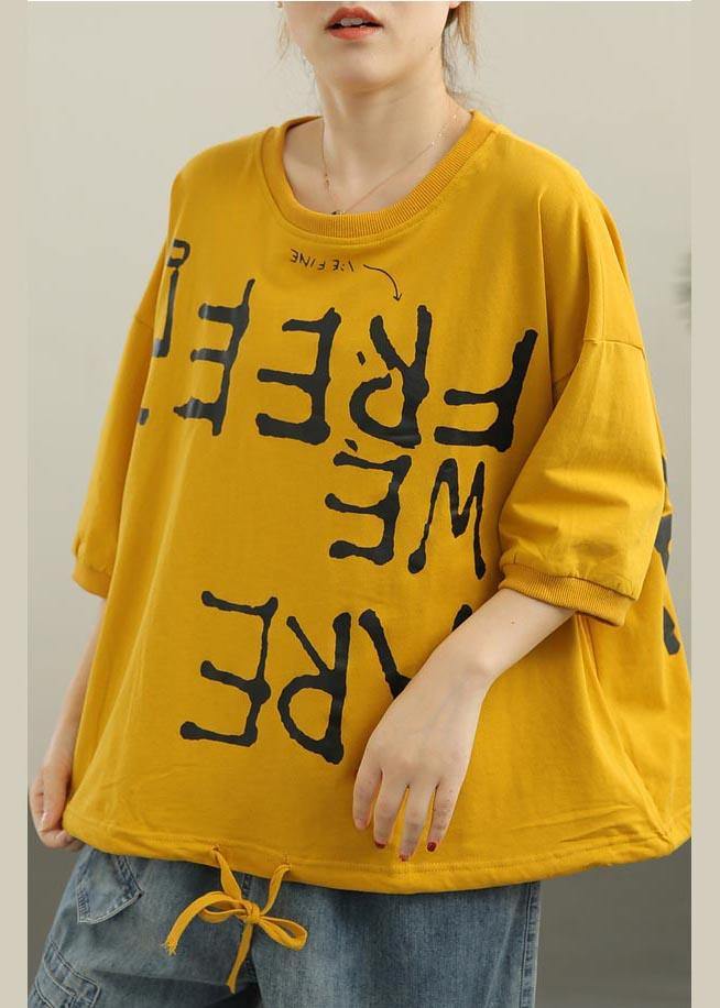 Casual Yellow Graphic Loose Cotton T Shirts Summer - SooLinen