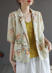 Casual Yellow PeterPan Collar Button Print Fall Shirt Tops Half Sleeve - SooLinen