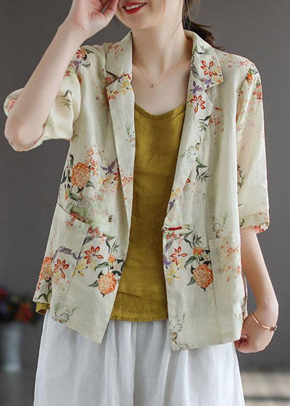 Casual Yellow PeterPan Collar Button Print Fall Shirt Tops Half Sleeve - SooLinen