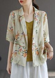 Casual Yellow PeterPan Collar Button Print Fall Shirt Tops Half Sleeve - SooLinen