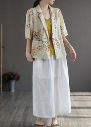 Casual Yellow PeterPan Collar Button Print Fall Shirt Tops Half Sleeve - SooLinen