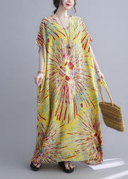 Casual Yellow Print Cotton V Neck Oversize Summer Dress - SooLinen