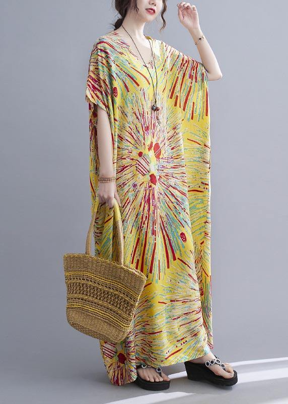 Casual Yellow Print Cotton V Neck Oversize Summer Dress - SooLinen