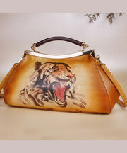 Casual Yellow Print Paitings Calf Leather Tote Handbag