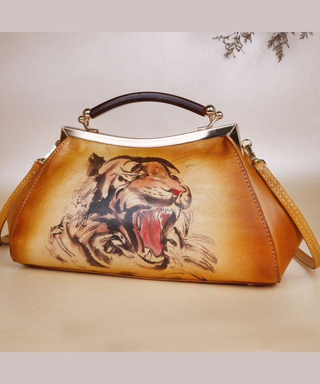 Casual Yellow Print Paitings Calf Leather Tote Handbag