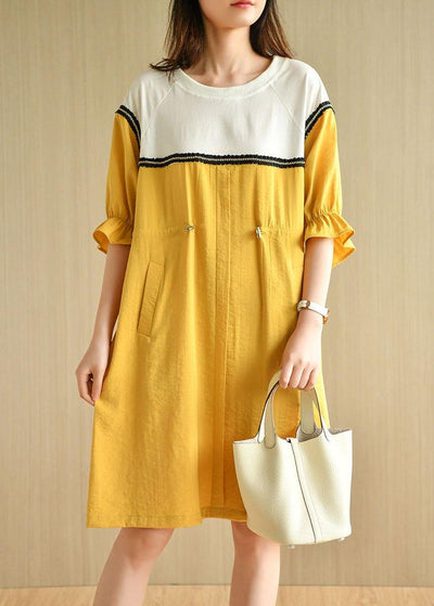 Casual Yellow Tie Waist Pockets Patchwork Summer Vacation Dress Half Sleeve - SooLinen