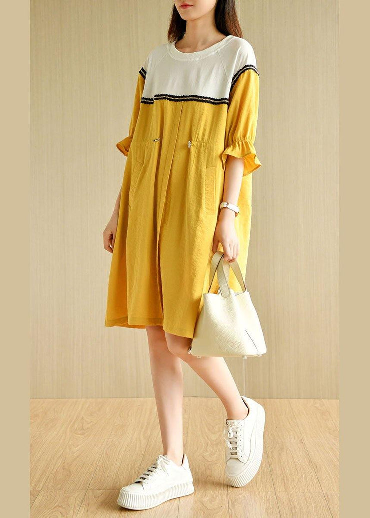 Casual Yellow Tie Waist Pockets Patchwork Summer Vacation Dress Half Sleeve - SooLinen