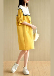 Casual Yellow Tie Waist Pockets Patchwork Summer Vacation Dress Half Sleeve - SooLinen