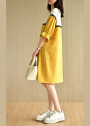 Casual Yellow Tie Waist Pockets Patchwork Summer Vacation Dress Half Sleeve - SooLinen