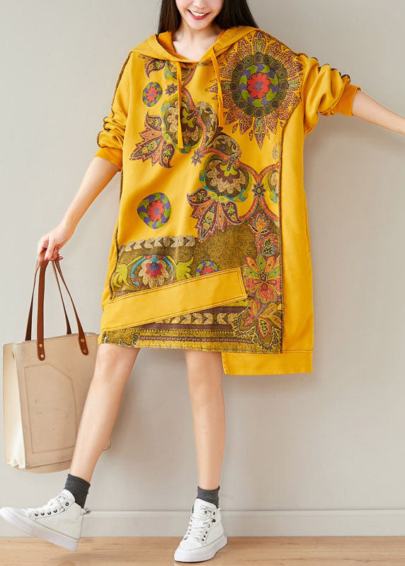 Casual Yellow drawstring Hooded Sweatshirts dresses Spring