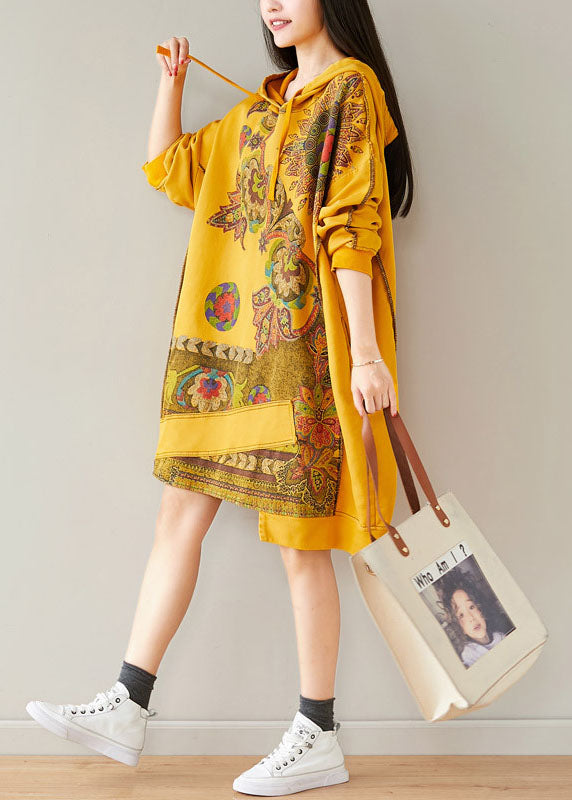 Casual Yellow drawstring Hooded Sweatshirts dresses Spring