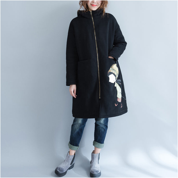 Lässige schwarze Parkas für Damen Lässige Kapuzenjacken &amp; Mäntel Warmer Druckmantel