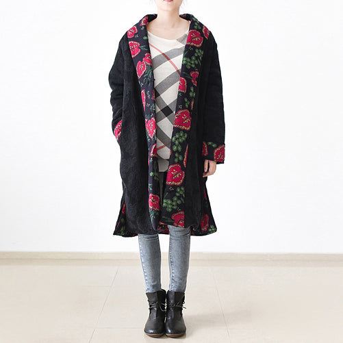 Casual black print Puffers Jackets Loose fitting patchwork down jacket women side open overcoat