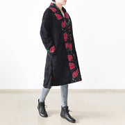 Casual black print Puffers Jackets Loose fitting patchwork down jacket women side open overcoat