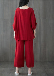 Casual cotton blended batwing sleeve pullover tops and elastic waist pants red two pieces - SooLinen