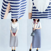 Casual fall blue white striped knit dresses plus size women sleeveless sweater dress