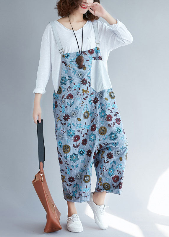 Lässige hellgraue Taschen Patchwork Floral Denim Overalls Frühling