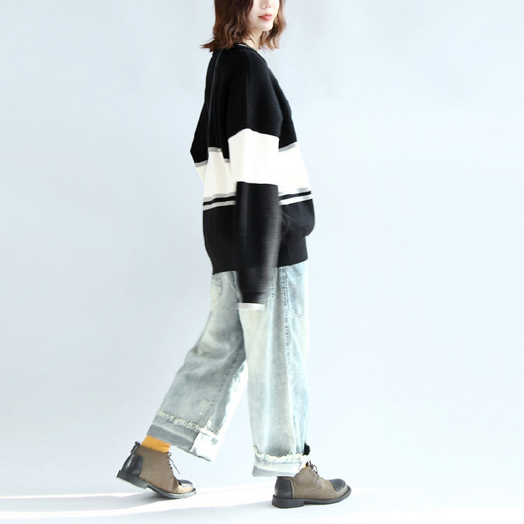 Casual long sleeve cotton sweater oversize black white patchwork knit pullover