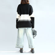 Casual long sleeve cotton sweater oversize black white patchwork knit pullover