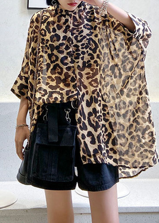 Casual low high design Stand Collar Leopard Chiffon Shirts Spring