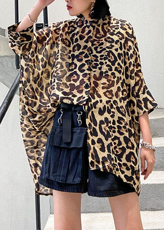 Casual low high design Stand Collar Leopard Chiffon Shirts Spring