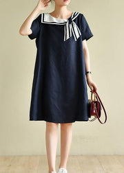 Casual navy style collar short sleeve mid-length dress - SooLinen