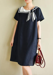 Casual navy style collar short sleeve mid-length dress - SooLinen