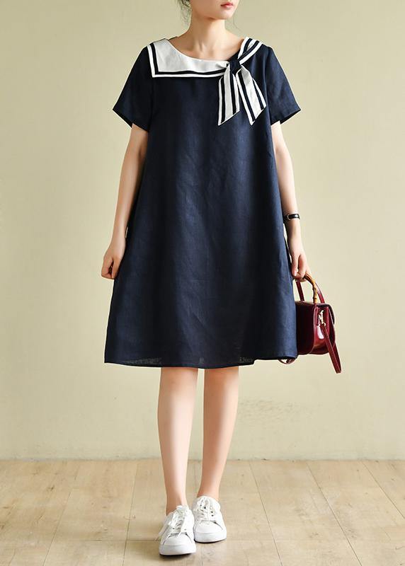 Casual navy style collar short sleeve mid-length dress - SooLinen