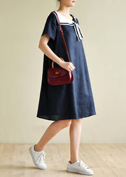 Casual navy style collar short sleeve mid-length dress - SooLinen