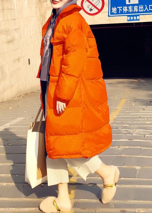 Casual orange down coat winter Loose fitting winter jacket stand collar Cinched quality overcoat - SooLinen