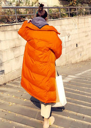 Casual orange down coat winter Loose fitting winter jacket stand collar Cinched quality overcoat - SooLinen