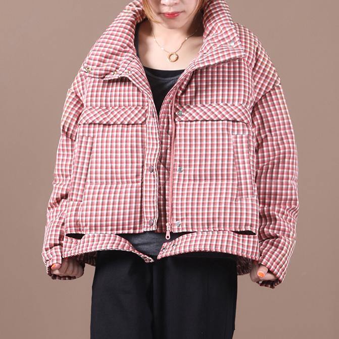 Casual plus size snow jackets red plaid stand collar down jacket woman - SooLinen