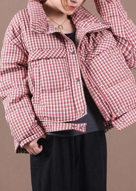 Casual plus size snow jackets red plaid stand collar down jacket woman - SooLinen