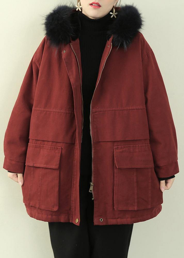 Casual plus size warm winter coat wintercoats red faux fur collar outwear - SooLinen