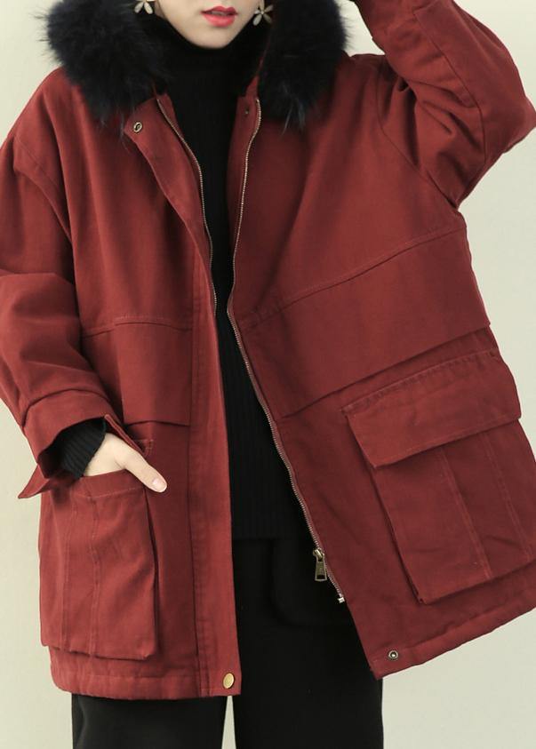 Casual plus size warm winter coat wintercoats red faux fur collar outwear - SooLinen