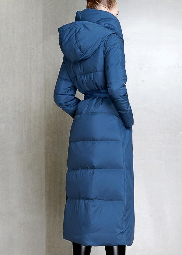 Casual plus size womens parka hooded overcoat blue tie waist down coat winter - SooLinen