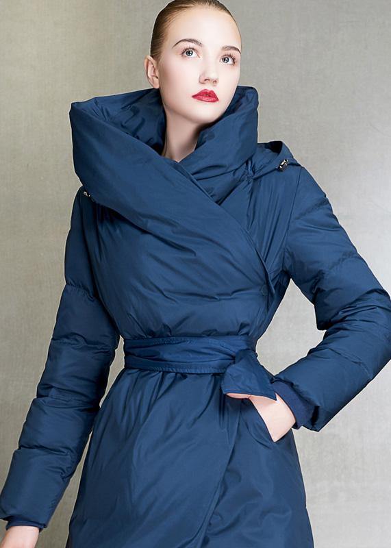 Casual plus size womens parka hooded overcoat blue tie waist down coat winter - SooLinen