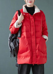 Casual red down jacket woman stand collar pockets Casual Jackets - SooLinen