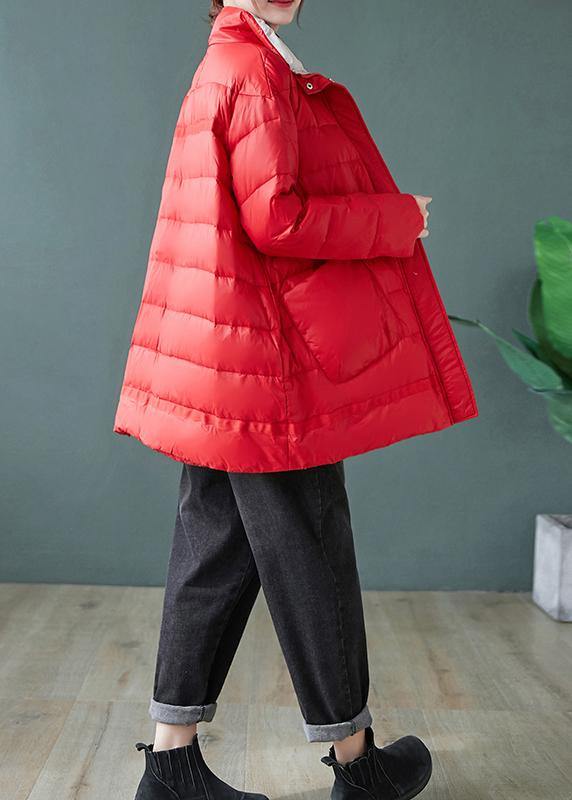 Casual red down jacket woman stand collar pockets Casual Jackets - SooLinen